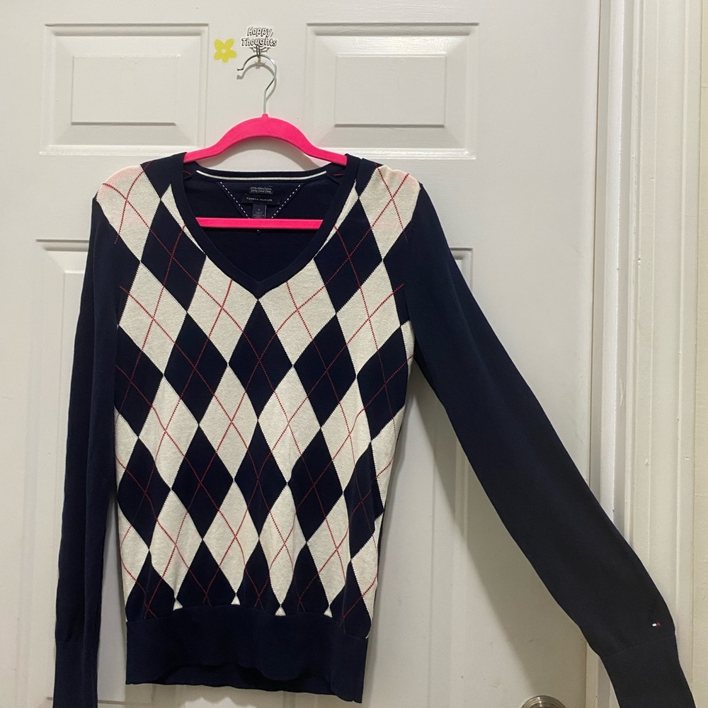 Tommy Hilfiger Navy and White Argyle V-Neck Sweater